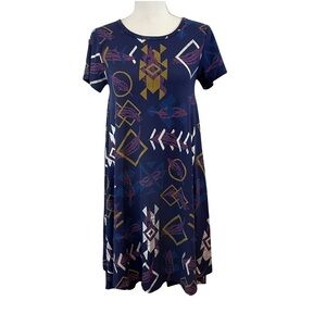 LulaRoe Navy, Purple, Gold Aztec Print Carley High Low Swing Dress-Size XXS
